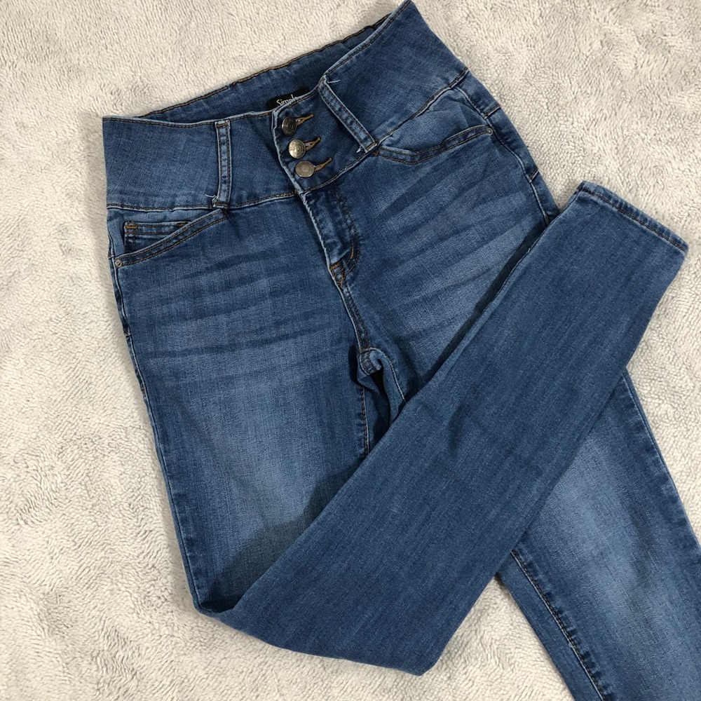 Simple Society Skinny Jeans Juniors 1/25 Denim Blue Triple Button Women Bodycon